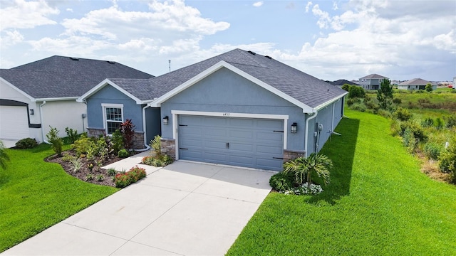 6435 165th Dr E, Parrish, FL 34219 - ranch-style house featuring an attached garage, stucco siding, a front yard, and driveway