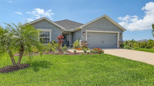 6435 165th Dr E, Parrish, FL 34219 - ranch-style home with stucco siding, a garage, concrete driveway, a front yard, and stone siding