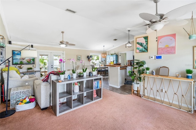 6178 Coliseum Blvd, Port Charlotte, FL 33981 - carpeted living room featuring ceiling fan, ornamental molding, french doors, and vaulted ceiling