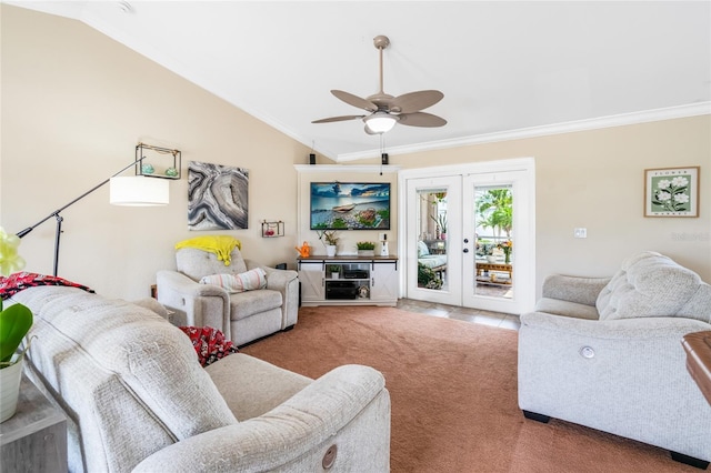 6178 Coliseum Blvd, Port Charlotte, FL 33981 - living room with lofted ceiling, crown molding, french doors, ceiling fan, and carpet