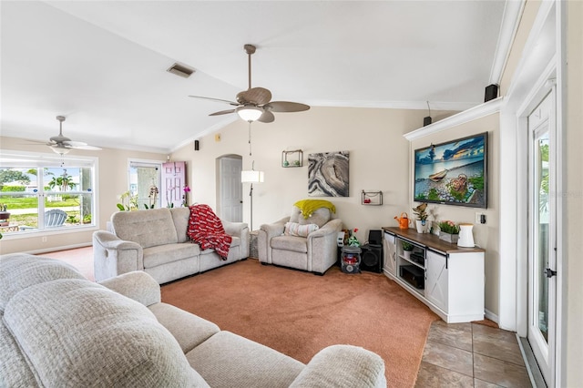6178 Coliseum Blvd, Port Charlotte, FL 33981 - living room featuring ceiling fan, crown molding, plenty of natural light, vaulted ceiling, and light colored carpet