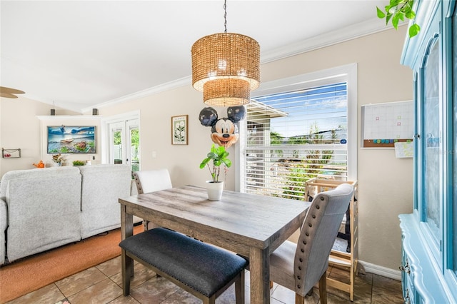 6178 Coliseum Blvd, Port Charlotte, FL 33981 - tiled dining area with ornamental molding, a chandelier, and a ceiling fan