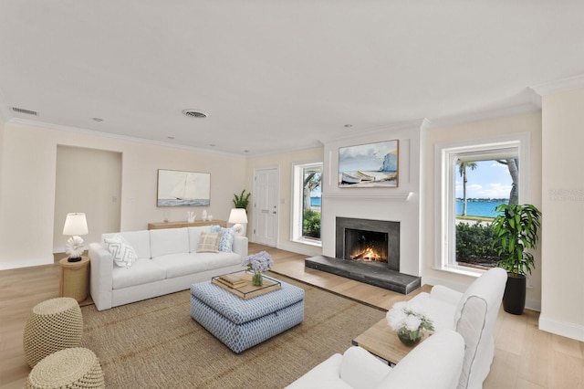 2401 Riverview Blvd, Bradenton, FL 34205 - living area with light wood-style flooring, a lit fireplace, ornamental molding, and a water view