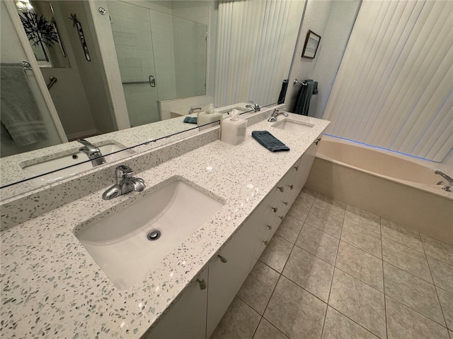 8616 15th Ave NW, Bradenton, FL 34209 - bathroom featuring an enclosed shower, tile patterned floors, a bath, and double vanity