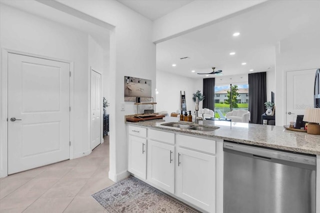 15131 Sunny Day Dr, Bradenton, FL 34211 - kitchen featuring dishwasher, light stone countertops, white cabinets, a ceiling fan, and recessed lighting