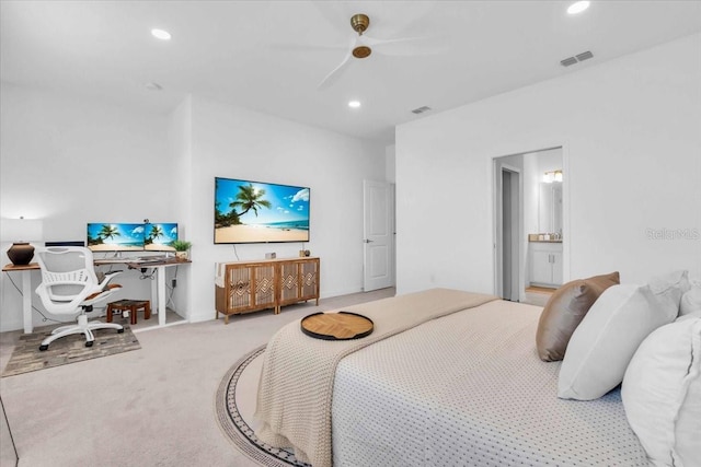 15131 Sunny Day Dr, Bradenton, FL 34211 - bedroom with carpet flooring, recessed lighting, connected bathroom, and ceiling fan
