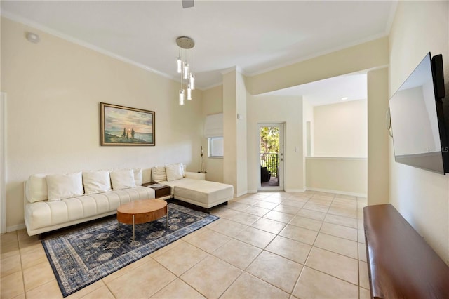 1064 N Tamiami Trl Unit 1125, Sarasota, FL 34236 - living area with crown molding and light tile patterned floors