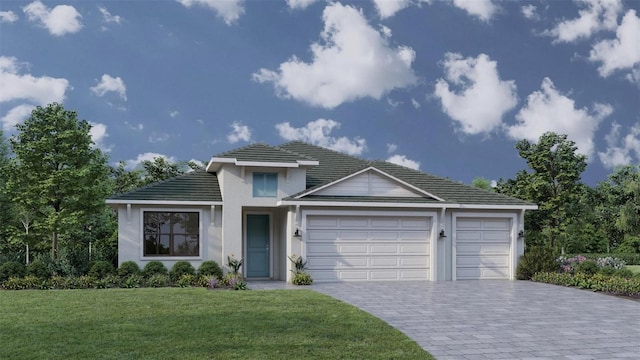 12671 Sunbridge Dr, Venice, FL 34293 - traditional-style house featuring decorative driveway, a garage, stucco siding, and a front lawn