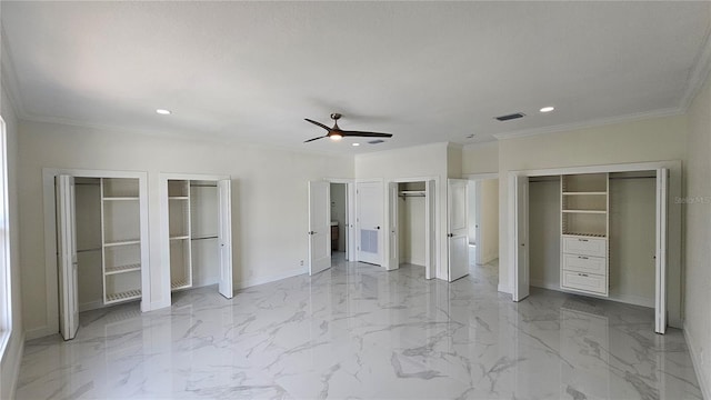 1240 Solitude Ln, Sarasota, FL 34242 - unfurnished bedroom featuring multiple closets, recessed lighting, ornamental molding, light marble finish floors, and ceiling fan