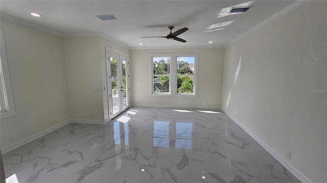 1240 Solitude Ln, Sarasota, FL 34242 - spare room with marble finish floors, recessed lighting, a ceiling fan, and ornamental molding