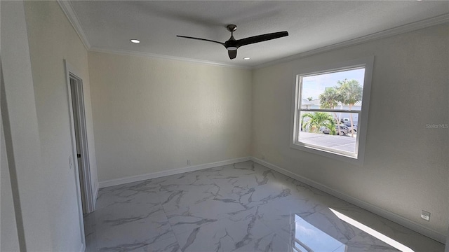 1240 Solitude Ln, Sarasota, FL 34242 - spare room featuring light marble finish flooring, crown molding, a ceiling fan, and recessed lighting