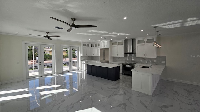 1240 Solitude Ln, Sarasota, FL 34242 - kitchen featuring wall chimney range hood, electric range, french doors, backsplash, and recessed lighting