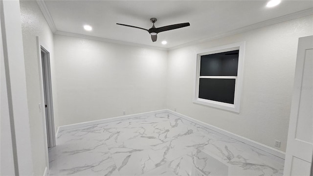 1240 Solitude Ln, Sarasota, FL 34242 - empty room with ceiling fan, marble look tile flooring, ornamental molding, and recessed lighting