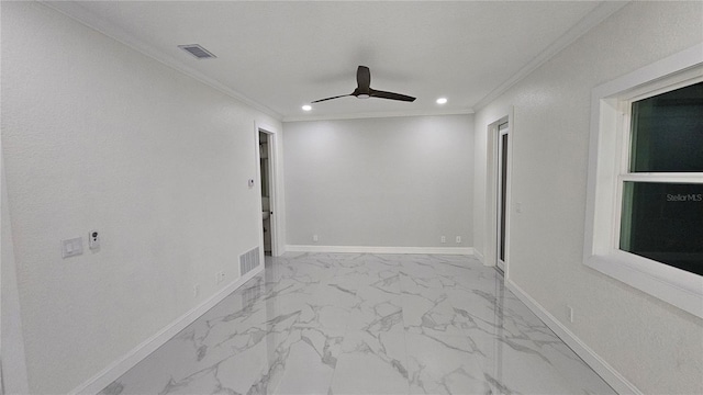 1240 Solitude Ln, Sarasota, FL 34242 - spare room with ornamental molding, marble finish floors, recessed lighting, and a ceiling fan