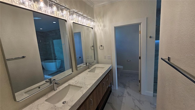 1240 Solitude Ln, Sarasota, FL 34242 - full bathroom featuring marble look tile flooring, a textured wall, double vanity, a shower, and ornamental molding