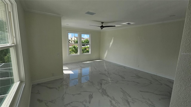 1240 Solitude Ln, Sarasota, FL 34242 - unfurnished room with ornamental molding, ceiling fan, and marble finish flooring