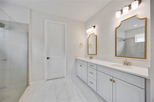 918 Fernleaf Run, Bradenton, FL 34212 - full bath with marble look tiles, double vanity, and tiled shower