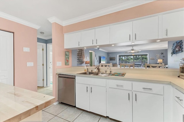 3810 75th St W Unit 128, Bradenton, FL 34209 - kitchen with stainless steel dishwasher, light countertops, ornamental molding, light tile patterned floors, and white cabinetry