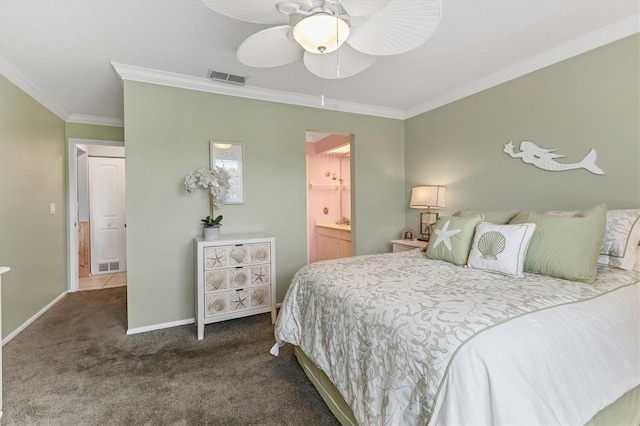 3810 75th St W Unit 128, Bradenton, FL 34209 - bedroom featuring ornamental molding, carpet flooring, ensuite bath, and ceiling fan
