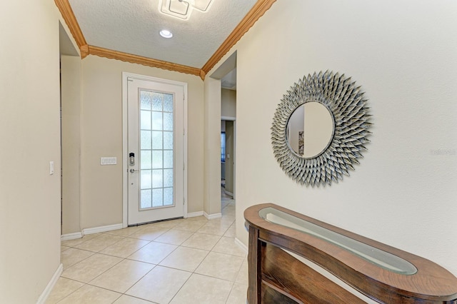 6516 Palm Leaf Ct, Sarasota, FL 34243 - doorway to outside with a textured ceiling, crown molding, healthy amount of natural light, and light tile patterned flooring