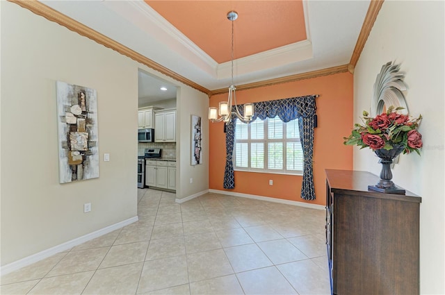 6516 Palm Leaf Ct, Sarasota, FL 34243 - unfurnished dining area with a chandelier, ornamental molding, light tile patterned floors, and a raised ceiling