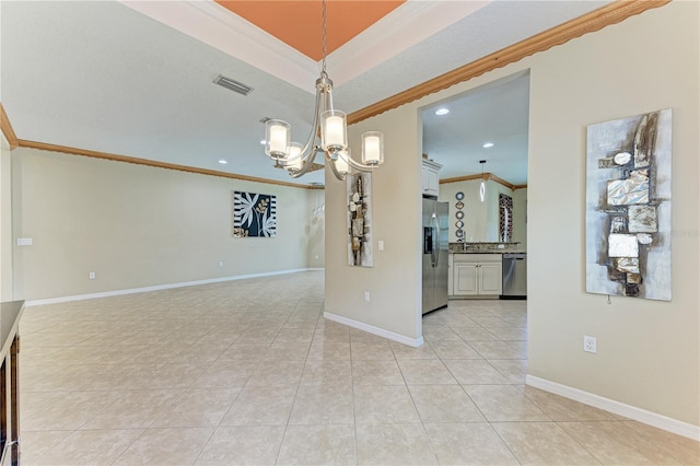 6516 Palm Leaf Ct, Sarasota, FL 34243 - spare room featuring ornamental molding, light tile patterned flooring, a chandelier, and recessed lighting