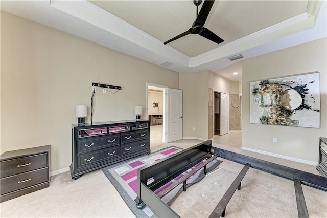 6516 Palm Leaf Ct, Sarasota, FL 34243 - workout room with a raised ceiling, light carpet, ceiling fan, and ornamental molding