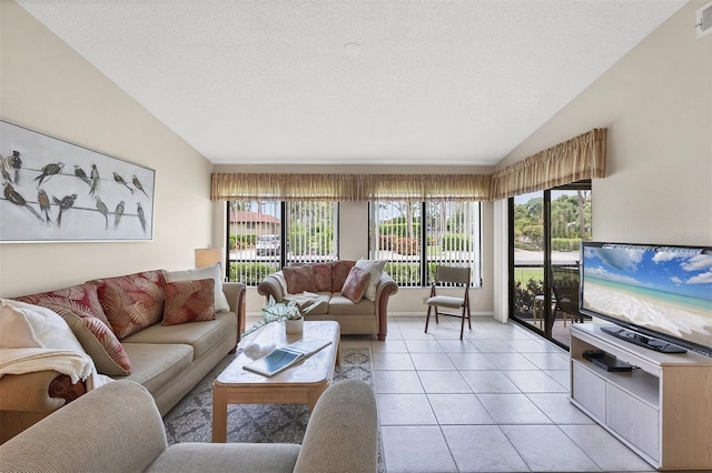 3617 Yellow Pine Ct Unit 144, Sarasota, FL 34238 - living area with vaulted ceiling, light tile patterned floors, and a textured ceiling