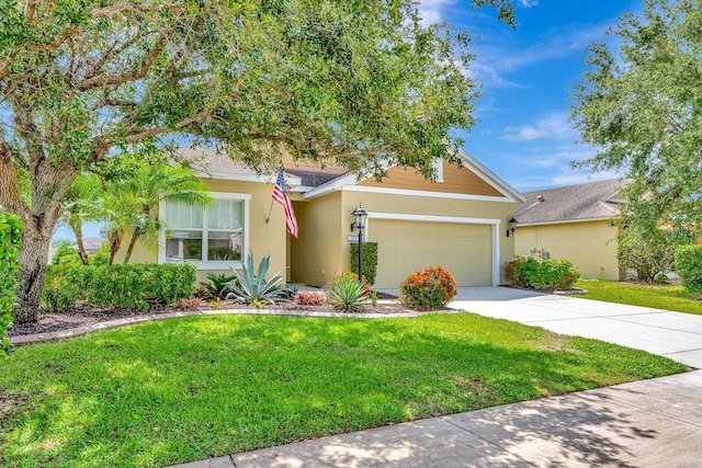 5005 Torrey Pines Run, Bradenton, FL 34211 - view of property hidden behind natural elements featuring stucco siding, driveway, a front yard, and a garage