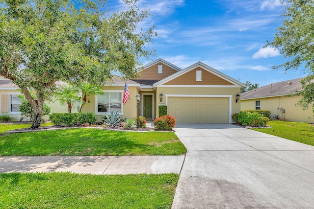 5005 Torrey Pines Run, Bradenton, FL 34211 - view of front of home featuring an attached garage, driveway, a front lawn, and stucco siding