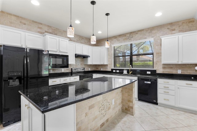 19023 Mangieri St, Venice, FL 34293 - kitchen featuring black appliances, light tile patterned floors, white cabinets, and recessed lighting
