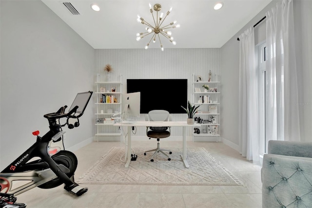 6317 Turtle Grass Dr, Bradenton, FL 34210 - carpeted office with an accent wall, a chandelier, recessed lighting, and wallpapered walls