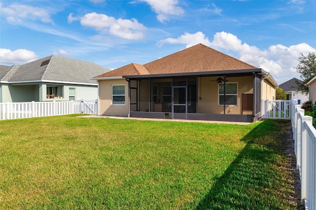 7750 Ridgelake Cir, Bradenton, FL 34203 - back of house with a sunroom, a gate, a fenced backyard, ceiling fan, and stucco siding