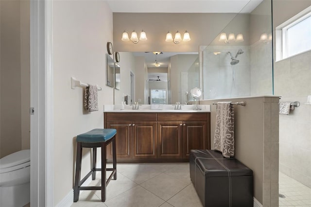 7750 Ridgelake Cir, Bradenton, FL 34203 - bathroom featuring a walk in shower, double vanity, and tile patterned floors
