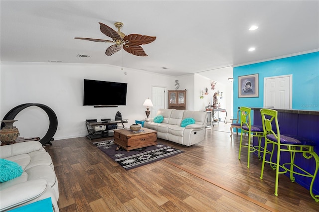 6710 36th Ave E Unit 114, Palmetto, FL 34221 - living area featuring a ceiling fan, wood finished floors, recessed lighting, ornamental molding, and lofted ceiling