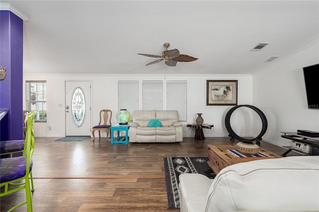 6710 36th Ave E Unit 114, Palmetto, FL 34221 - living area with a ceiling fan, ornamental molding, and wood finished floors