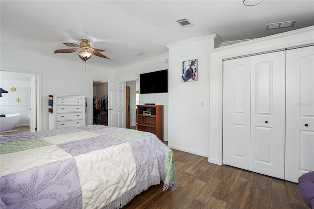 6710 36th Ave E Unit 114, Palmetto, FL 34221 - bedroom with dark wood finished floors, a closet, crown molding, ensuite bathroom, and ceiling fan