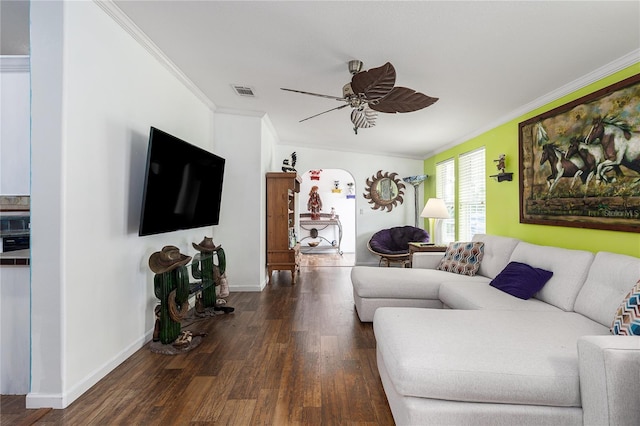 6710 36th Ave E Unit 114, Palmetto, FL 34221 - living area with crown molding, ceiling fan, and wood finished floors