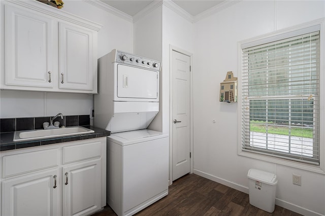 6710 36th Ave E Unit 114, Palmetto, FL 34221 - washroom featuring stacked washer / drying machine, dark wood-style floors, and ornamental molding