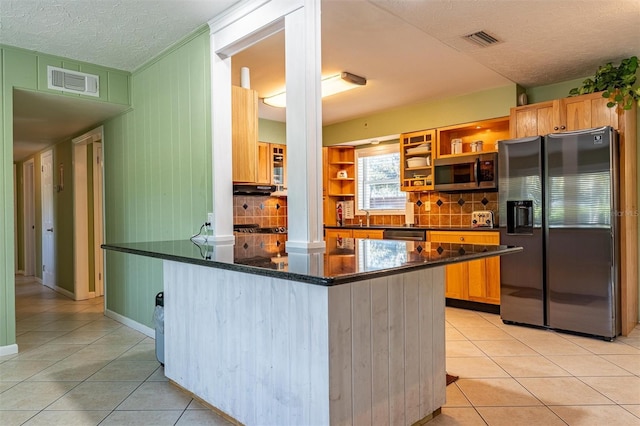 5311 36th Ave E, Palmetto, FL 34221 - kitchen with appliances with stainless steel finishes, light tile patterned floors, backsplash, a textured ceiling, and open shelves