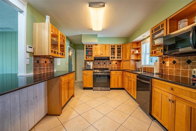5311 36th Ave E, Palmetto, FL 34221 - kitchen featuring open shelves, appliances with stainless steel finishes, tasteful backsplash, range hood, and light tile patterned floors