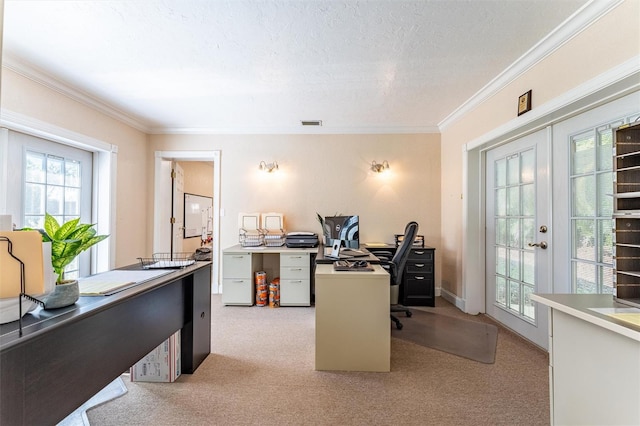 5311 36th Ave E, Palmetto, FL 34221 - carpeted home office with ornamental molding, french doors, and a textured ceiling