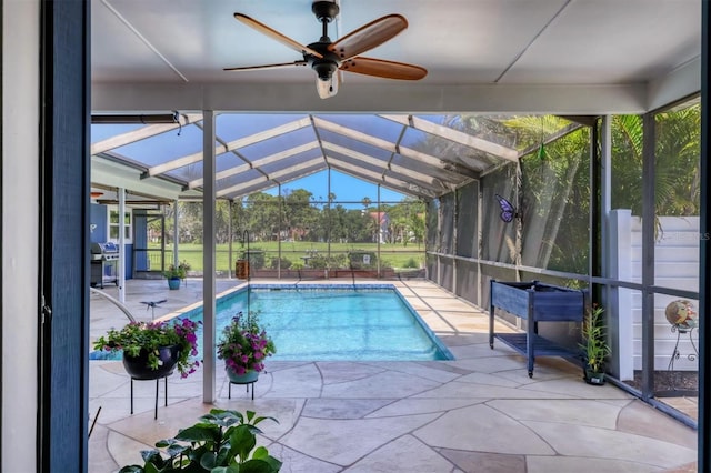 3636 Torrey Pines Blvd, Sarasota, FL 34238 - outdoor pool with a patio area, a ceiling fan, a lanai, and a grill