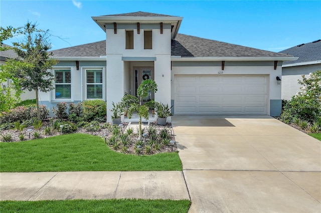 6219 Golden Nettle Dr, Apollo Beach, FL 33572 - view of front of house with stucco siding, a shingled roof, an attached garage, and driveway