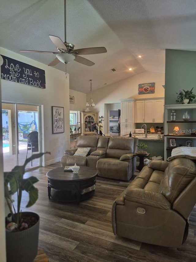 15917 Mercott Ct, Clermont, FL 34714 - living room with lofted ceiling, dark wood-type flooring, and ceiling fan