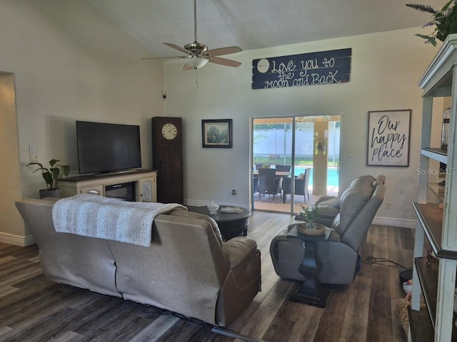 15917 Mercott Ct, Clermont, FL 34714 - living room with wood finished floors, ceiling fan, and high vaulted ceiling