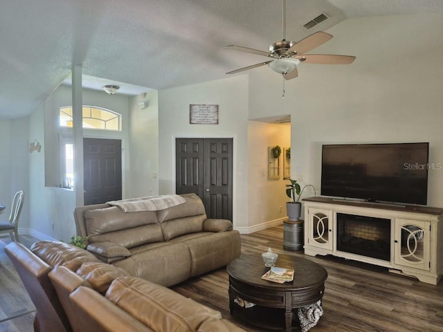 15917 Mercott Ct, Clermont, FL 34714 - living area featuring vaulted ceiling, ceiling fan, dark wood finished floors, and a textured ceiling