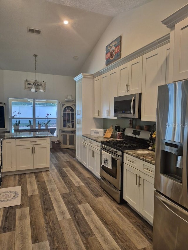 15917 Mercott Ct, Clermont, FL 34714 - kitchen with appliances with stainless steel finishes, dark wood-style flooring, a chandelier, high vaulted ceiling, and a textured ceiling
