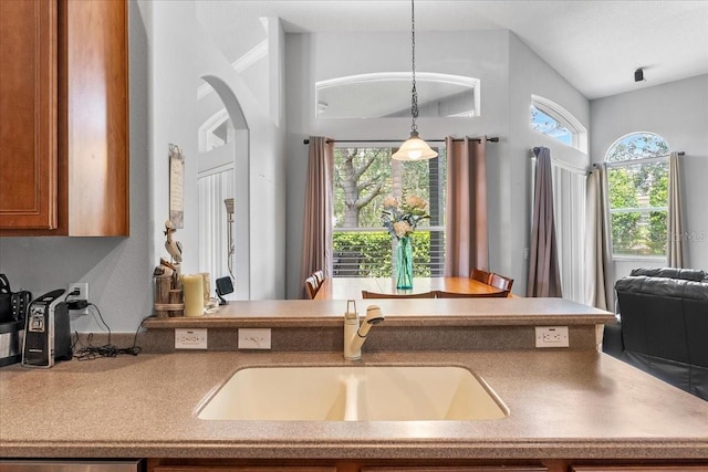 4013 Greystone Dr, Clermont, FL 34711 - kitchen featuring brown cabinets, pendant lighting, open floor plan, and vaulted ceiling