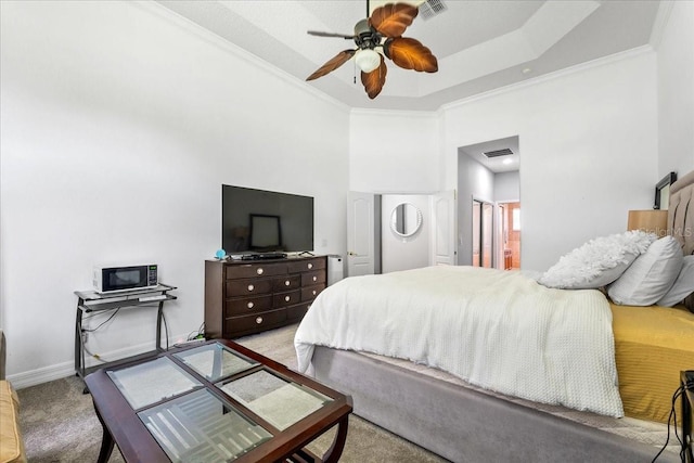4013 Greystone Dr, Clermont, FL 34711 - carpeted bedroom with a high ceiling, crown molding, connected bathroom, and a ceiling fan
